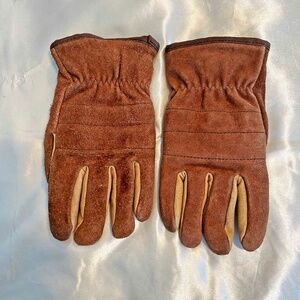 LEATHER AND SUEDE GLOVES, BROWN AND TAN, SIZE M, MADE IN HONG KONG, WARM POLYEST
